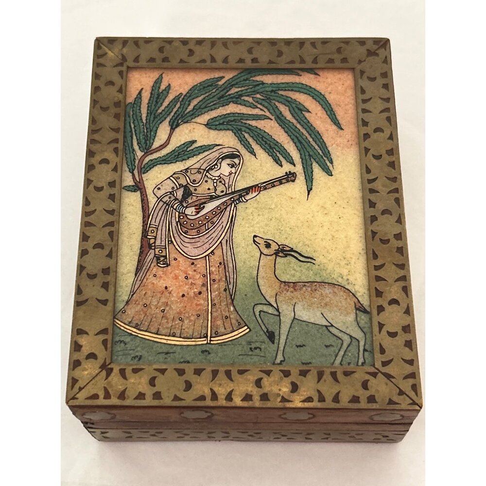 Handcrafted Wooden Jewelry/Trinket Box Glass Gemstone Painting & Brass Border